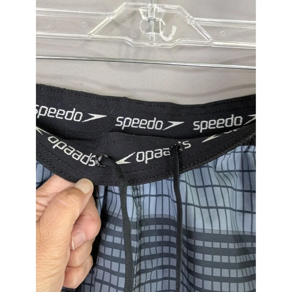 Speedo Swim Trunks Mens L Blue Grey Geometric Grid Mesh Liner Board Shorts